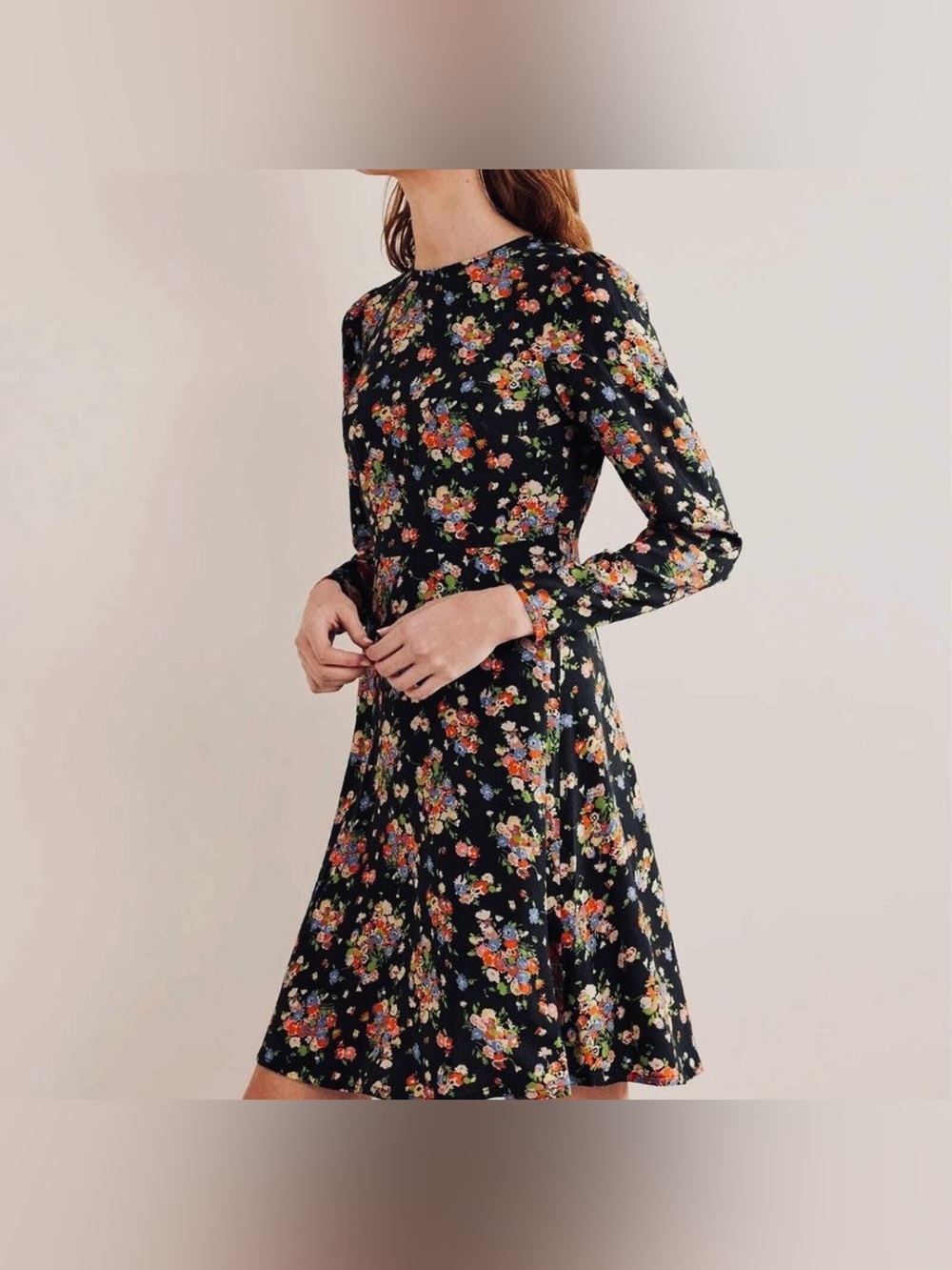 Boden Black Floral Viscose Colorful Skater Skirt Crew Neck Fit and Flare Dress